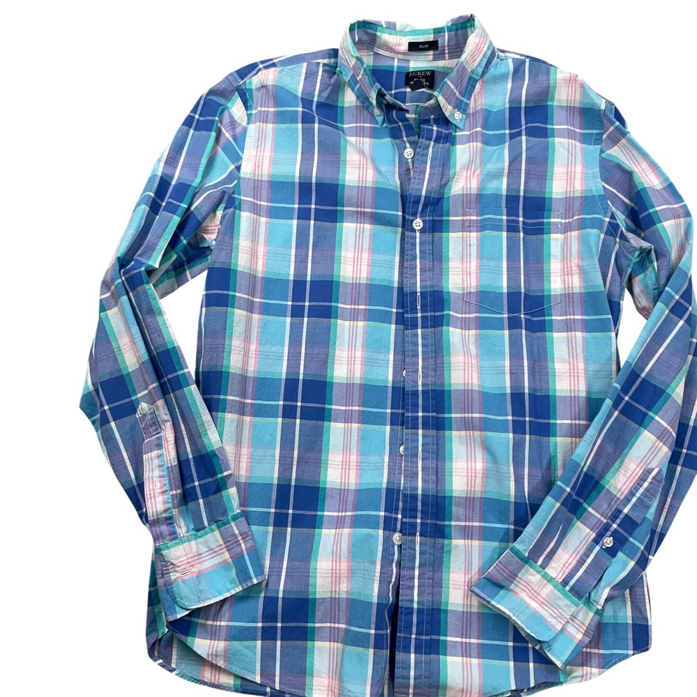 J. Crew Shirt Mens Medium Blue Plaid Flex Washed Vibrant Slim Fit OCBD Stretch